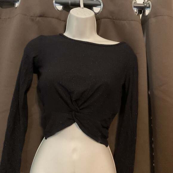 Planet Gold Tops - Planet gold Black Sparkle Long Sleeve Twist Front Crop Top